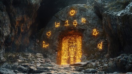 Naklejka premium Underground cave illuminated by glowing runes carved into walls and floor, leading to radiant, magical doorway. The setting is mysterious, with warm, ethereal lighting ancient symbols. Generative AI