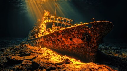 A beautifully eerie shipwreck resting on the ocean floor, illuminated by golden sunlight streaming through the water.