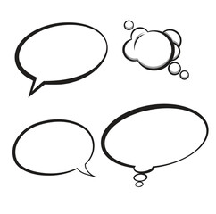 Set of black and white comic speech bubbles with text isolated on a white background. Vector flat illustration.