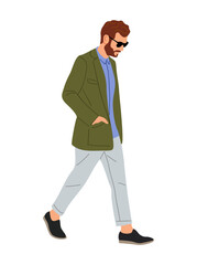 Businessman walking side view. Handsome bearded man in smart casual outfit. Stylish guy in modern street fashion look. Cartoon male character. Vector realistic illustration isolated