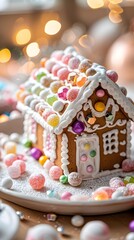 Gingerbread House Delight: A whimsical and colorful gingerbread house, adorned with an array of vibrant candies, creating a festive and sweet spectacle.