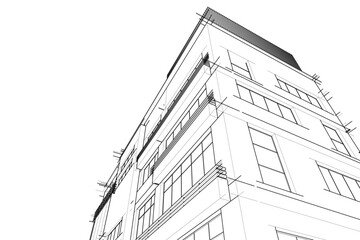 Modern Architectural Wireframe Sketch – Vector Blueprint of Contemporary Building