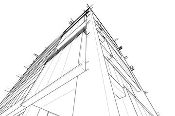 Modern Architectural Wireframe Sketch – Vector Blueprint of Contemporary Building