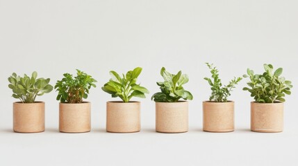 Fototapeta premium Unique decorative plant pots featuring small ornamental plants arranged artistically on a neutral surface
