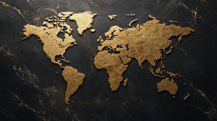 Golden world map on a black marble background detailed texture and elegant design