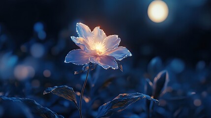 Fototapeta premium A single glowing flower illuminated by moonlight in a dark forest. Its soft light contrasts with the shadowy environment, creating an ethereal and tranquil mood. Generative AI