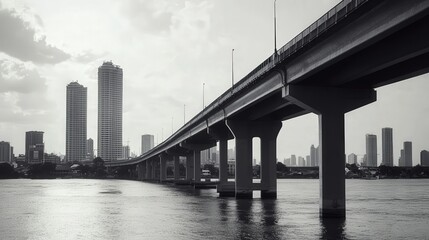A vintage-style black-and-white photograph of the expressway bridge, with the Chao Phraya River flowing peacefully below