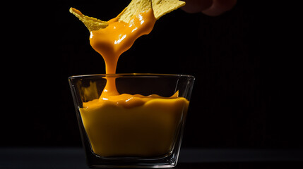 close-up of a tortilla chip dipping into warm melted cheese sauce in a dark setting