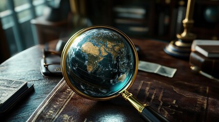 World under Scrutiny: A close-up view of a globe encapsulated within a magnifying glass rests upon an antique table, embodying concepts of exploration, discovery, and global awareness. 