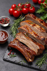 delicious sticky  grilled ribs with barbecue sauce