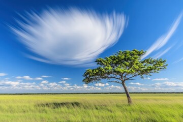 Fototapeta premium Tornado touches down on the open plains creating a dramatic sky filled with clouds. Generative AI