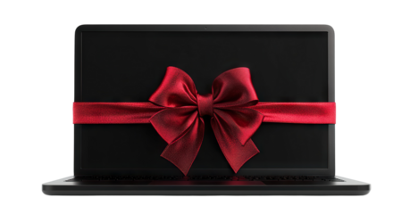Modern laptop wrapped with red ribbon bow, isolated on transparent cutout background