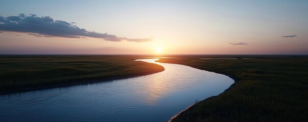Fototapeta premium Weathering process concept. A serene river reflects the vibrant colors of a sunset over lush green fields.