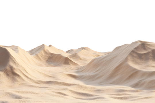 Desert sand pile dune one light brown. Hill wave heap of dry beach sand. Isolated on cut out PNG or transparent background.