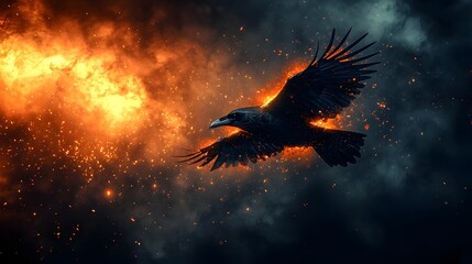 Glowing Crow Soaring Across Stormy Skies in Moody Dramatic Composition