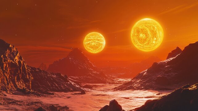Two glowing suns in a vibrant orange sky over a rocky alien desert landscape. The surreal environment creates a sense of otherworldly adventure and discovery. Generative AI