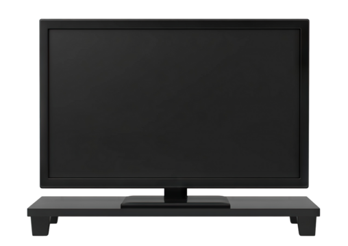 Large flat-screen TV on a modern wooden stand, isolated on transparent cutout background