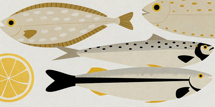 Illustrated fish variety with lemon slice - unique seafood art with four fish types