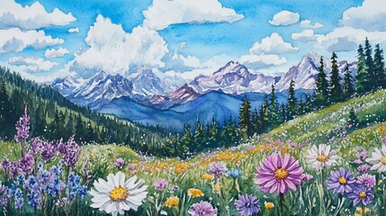 Watercolor mountain landscape with blooming wildflowers and fluffy white clouds, scenic art