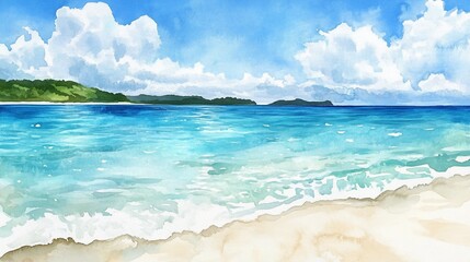 Watercolor painting of a serene tropical beach with clear turquoise water and a sandy shore under a blue cloudy sky