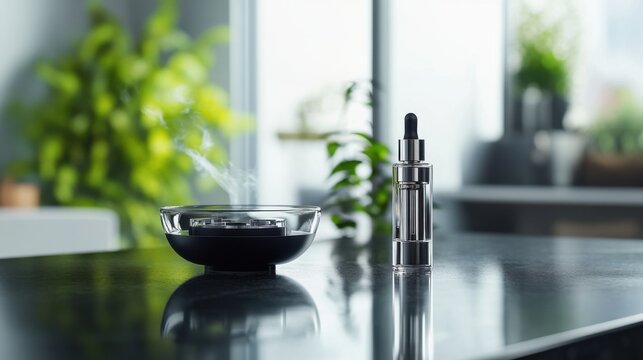 Vaping device on a black countertop with a sleek glass bowl. Featuring modernity and tranquility
