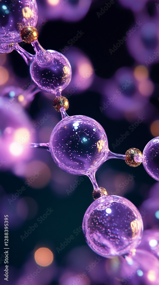 Poster a close-up view of molecular structure, with interconnected molecules and glowing bubbles. the image
