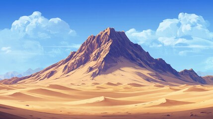 Naklejka premium A majestic mountain rises from the sand dunes under a bright blue sky with scattered clouds