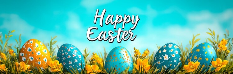 Colorful Easter festival banner showcasing decorated eggs against a blue sky