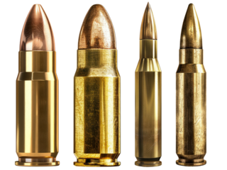 Bullet for Firearm. Rifle and Pistol Ammunition. Collection Isolated on Transparent Background
