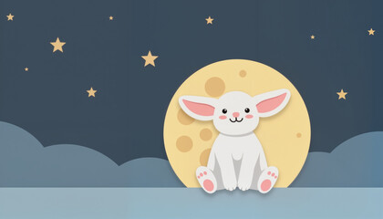 Naklejka premium Smiling cartoon rabbit with full moon in a starry night sky