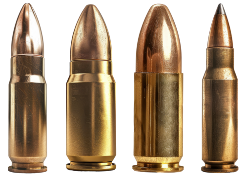 Bullet for Firearm. Rifle and Pistol Ammunition. Collection Isolated on Transparent Background