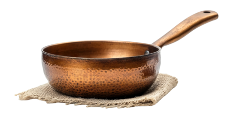Vintage copper frying pan with handle, isolated on transparent cutout background