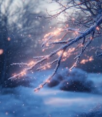 a branch covered in snow, with snowflakes lightly clinging to every twig and the surrounding scenery glowing with winter magic.