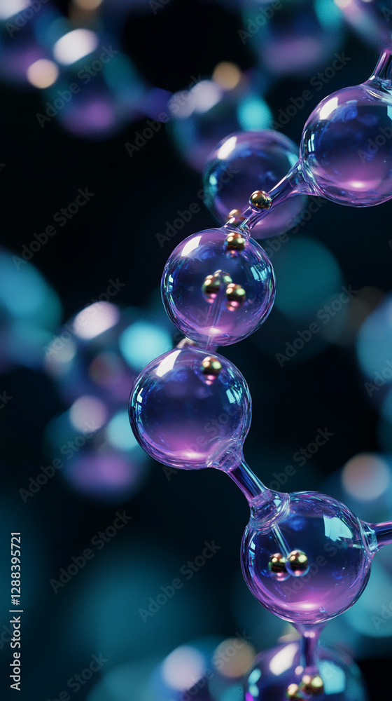 Poster Close-up view of molecular structure showing interconnected atoms and glowing bubbles, symbolizing science, chemistry, and the microscopic world of molecules.