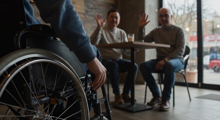Fototapeta premium Person in Wheelchair Greeted by Friends at a Cafe