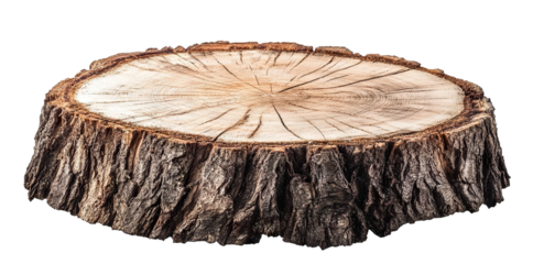 Natural tree trunk slice with visible growth rings, isolated on transparent cutout background