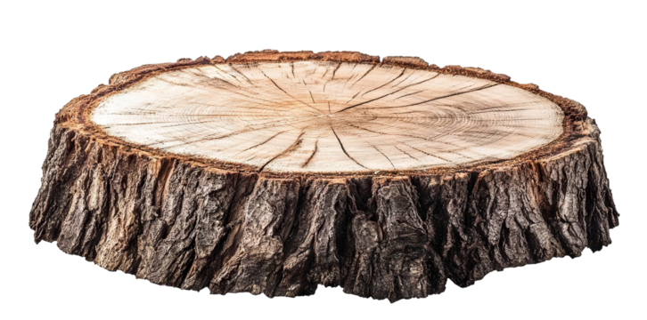 Natural tree trunk slice with visible growth rings, isolated on transparent cutout background