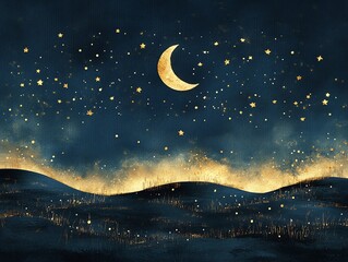 Golden Moon and Starry Sky Over Rolling Hills at Night