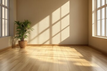 Obraz premium Sunlit Empty Room with Wooden Flooring and Potted Plant, Featuring Natural Light Streaming Through Windows, Creating Patterned Shadows on the Floor