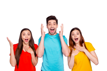 Portrait of nice-looking attractive lovely charming cheerful cheery guys wearing colorful t-shirts showing astonishment expression isolated over violet lilac background