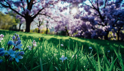 Obraz premium A low-angle view of small white flowers growing in lush green grass with cherry trees blooming in the background.
