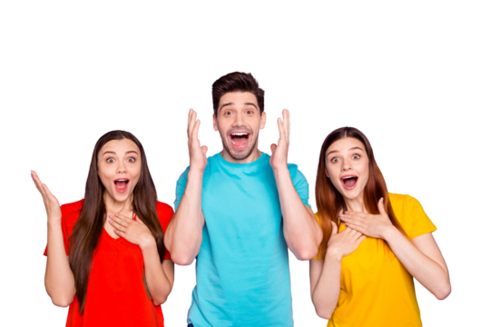 Portrait of nice-looking attractive lovely charming cheerful cheery guys wearing colorful t-shirts showing astonishment expression isolated over violet lilac background