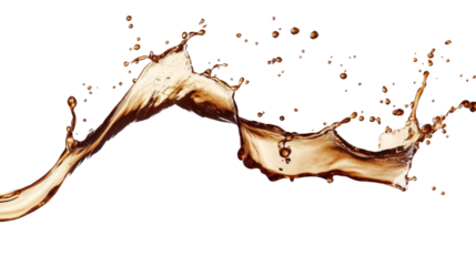 Dynamic splash of coffee liquid on transparent background png white with vibrant motion effects