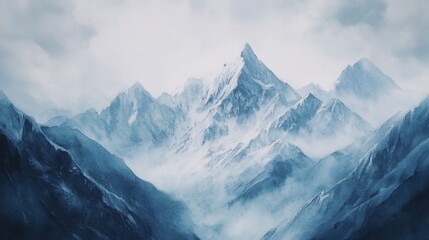 Obraz premium Watercolor depiction of majestic snow-covered mountain range under a cloudy sky with soft lighting