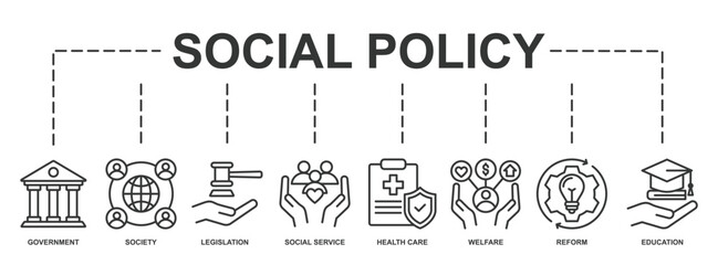 Banner of Social Policy web vector illustration with icons of government, society, legislation, social service, healthcare, welfare, reform and education.