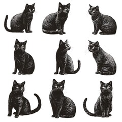 Set of whimsical black cats featuring different poses, styles, and expressions