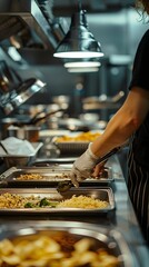 Behind the Scenes in the Kitchen: A close-up of a chef's gloved hand meticulously preparing food, creating a sense of anticipation and excitement for the culinary experience to come.  