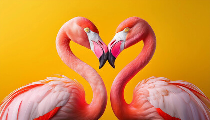 Naklejka premium Beautiful pink Flamingos in love forming a heart with their heads on a bright yellow background wallpaper