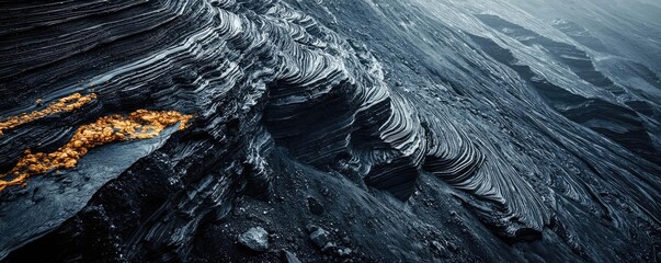 Weathering process concept. Stunning aerial view of volcanic landscape showcasing dark rock formations and molten lava.