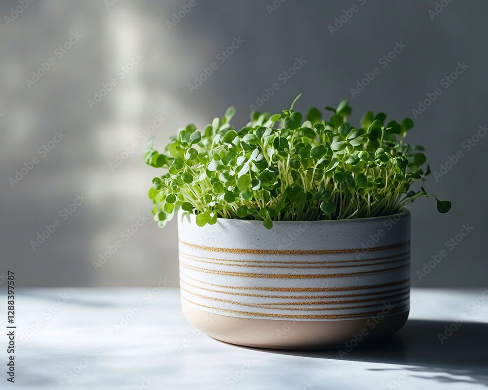 Poster a close-up image of microgreens growing in a ceramic pot with a striped pattern, symbolizing healthy